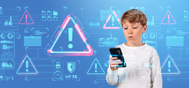 istock Boy using smartphone, system alert hologram with diverse glowing icons 1775906921