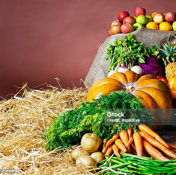 Füllhorn An Frischen Produkten Ruhen Auf Stroh Und Hessian Stockfoto und mehr Bilder von Ananas