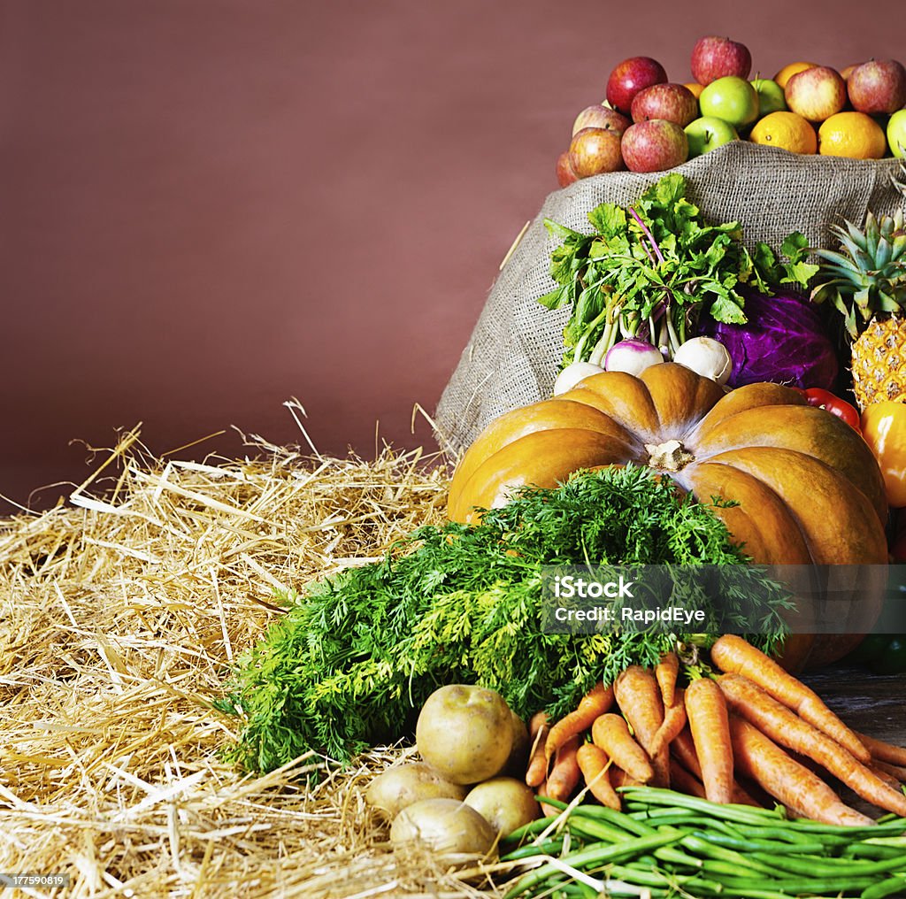 Cornucópia da abundância de produtos frescos de descanso em palha e hessian - Foto de stock de Abacaxi royalty-free