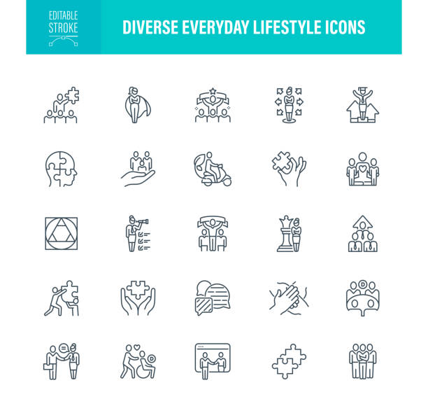 ilustraciones, imágenes clip art, dibujos animados e iconos de stock de diversos iconos de estilo de vida cotidiano trazo editable - inclusión social