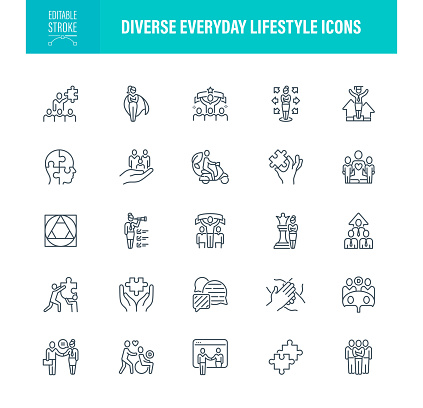 Diverse Every Day Lifestyle Icons. Editable Stroke. For Mobile and Web. Contains such icons as Multiracial Group, Diversity, Icon, Human Rights, Equality, Social Inclusion