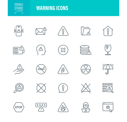 Warning Icon Set Editable Stroke. For Mobile and Web. Contains such icons as Notification Icon, Danger, Alertness, Safety, Warning Sign, Stop Sign