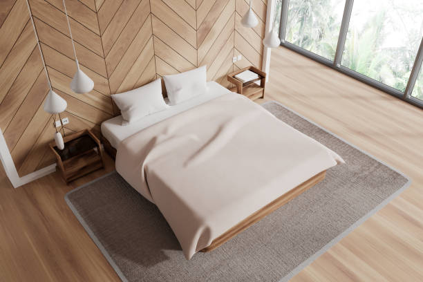 istock Top view of hotel bedroom interior with bed and accent wall, panoramic window 1775910202