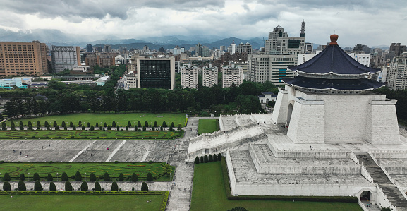 Aerial View to the Chiang Kai-shek Memorial Hall erected in memory of former President of Taiwan in Taipei, Taiwan