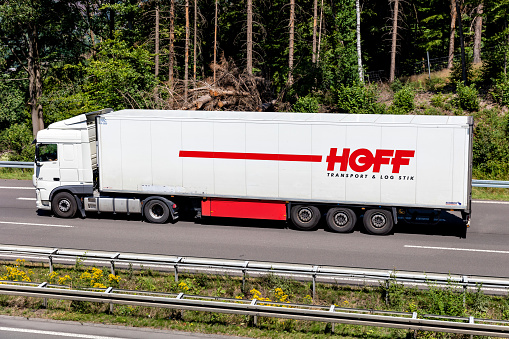 Wiehl, Germany - June 26, 2020: Hoff DAF XF truck with temperature controlled trailer on motorway