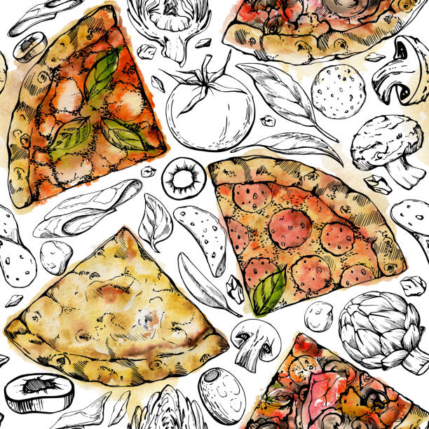 손으로 그린 수채화 잉크 그림입니다. 토핑을 얹은 피자 슬라이스, 전통 이탈리아 요리 식사. 흰색에 고립 된 원활한 패턴. 레스토랑 메뉴, 카페, 식품 숍 패키지, 전단지, 인쇄를 디자인합니다. - pizza illustration and painting italian cuisine salami stock illustrations