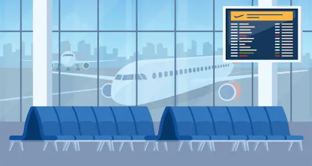 Vector illustration of Empty airport arrival waiting room or departure lounge with chairs and information panels. Terminal hall with big airport window. Vector illustration.