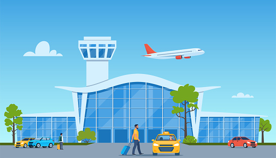Airport terminal building, yellow taxi car, plane taking off in the background. Passenger with suitcase goes to the taxi. Travelling by plane concept. Vector illustration