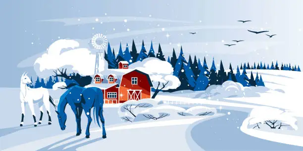 Vector illustration of traditional red farmhouse with outbuildings, barn in snowy winter landscape. Horses in the snow. Ranch. Flat vector illustration