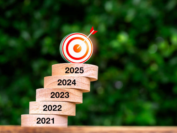 3d target icon on wood block stack growth graph step with year numbers on wooden table. 2021 to 2025 Business goal and success, green sustainable development, savings, investment and finance concepts.