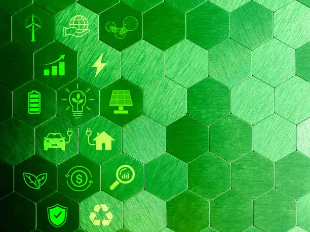 Photo of Renewable energy, and sustainable ecology, environmental development concept, Green renewable power element, smart technology symbols icon on hexagon steel panel button background with copy space.