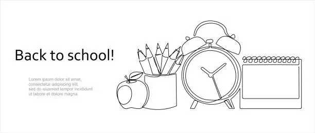 Vector illustration of One continuous line drawing of pencil case, alarm clocks and calendar on office desk. Stationery for study and tidy on the table. Happy study. Smart education concept vector illustration.