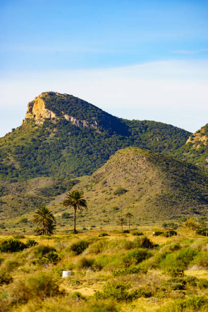 Mediterranean sea coast landscape, mountainous spanish coastline in Murcia region. Calblanque Regional Park. Tourist attraction.