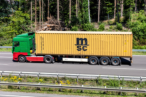 Wiehl, Germany - June 26, 2020: DAF XF truck with MSC container on motorway