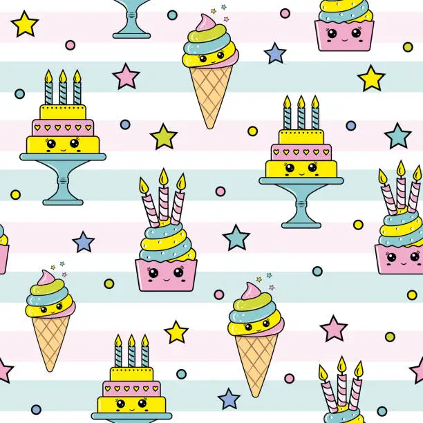 Vector illustration of Vector graphic of the various sweets and desserts decorated into seamless pattern.