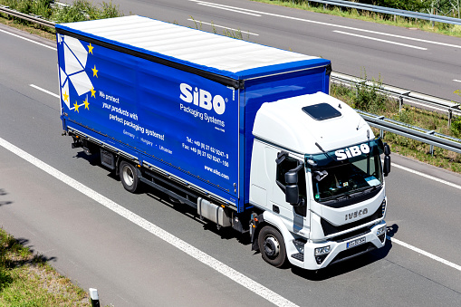 Wiehl, Germany - June 26, 2020: SiBO Iveco Eurocargo truck on motorway