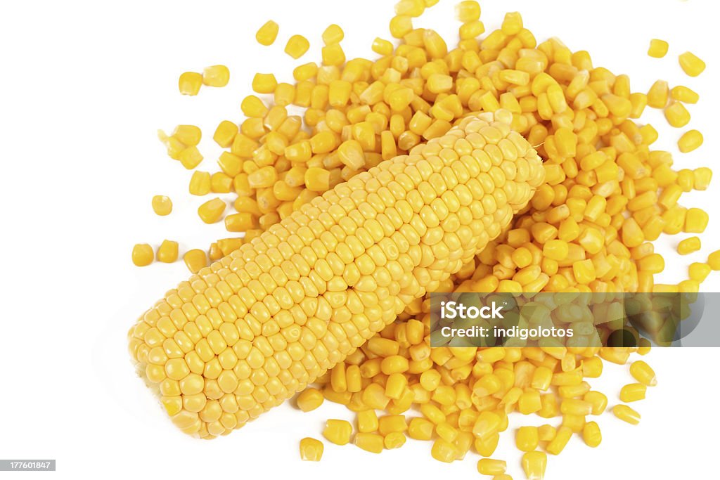 Corncob on a bulk of corn grains. Corncob on a bulk of corn grains. White background. Agriculture Stock Photo