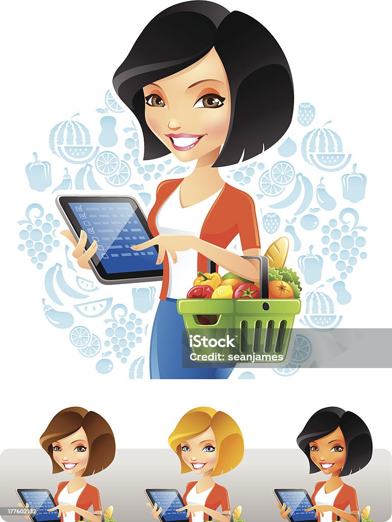 Mujer con ordenador tableta de compras de comestibles - arte vectorial de Mujeres libre de derechos