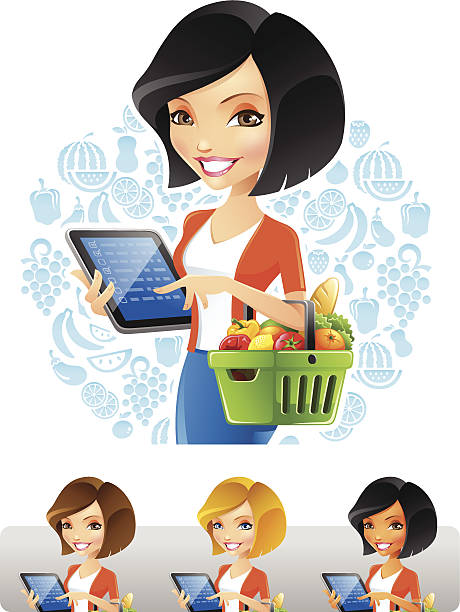 Bекторная иллюстрация Женщина продуктовых магазинов с компьютером Tablet