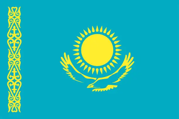 Vector illustration of Flag of Kazakhstan. Kazakh blue flag with an ornament, the sun and a golden eagle.