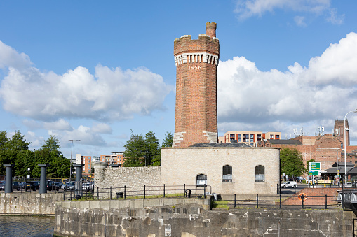 Brick hydraulic tower built in 1856 at Wapping Dock, Liverpool,