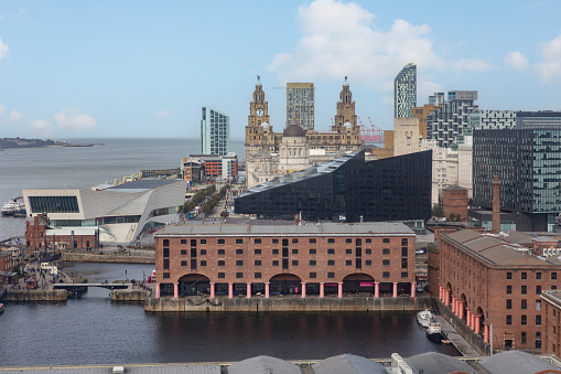 Liverpool, united kingdom September, 26, 2023 Royal Albert Dock city aerial view in Liverpool, Merseyside, UK