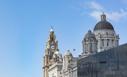 Royal Liver Building and Cunard Building on the River Mersey. Liverpool, England.