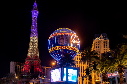 Las Vegas, USA; January 18, 2023: Photograph of the Paris Las Vegas hotel and casino with its famous hot air balloon and the eiffel tower of France, which is the casino inspired by French culture.