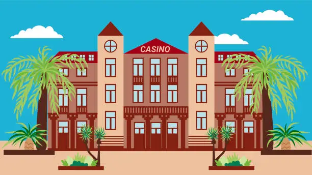 Vector illustration of Illustration of a street with a casino building surrounded by palm trees, in a flat style. The urban landscape of the urban infrastructure for the information banner.