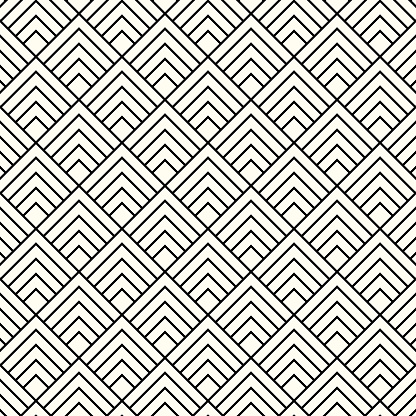 This image displays a perfectly symmetrical pattern made up of repeating geometric shapes in a harmonious black and white color scheme. The meticulous arrangement of lines and shapes form diamonds and triangles, resulting in a design that is both visually engaging and elegant. This seamless pattern can be utilized in various applications such as textiles, wallpapers, and other design projects where a consistent and attractive repetition is desired.