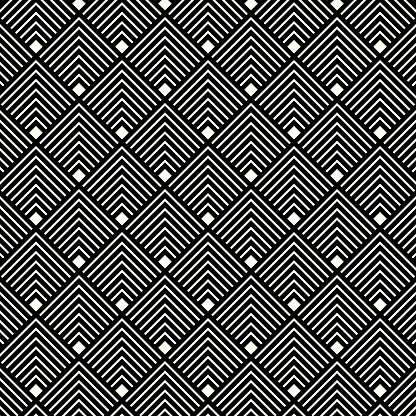 The image depicts a sophisticated geometric pattern consisting of sharp, interlocking chevrons in a high-contrast black and white color scheme. Each chevron interlaces with the next, forming a series of diamonds across the canvas that play with perception and create a sense of movement. This versatile pattern offers a modern twist on a classical design, ideal for use in graphic design, textiles, and other decorative applications where a strong visual statement is needed.
