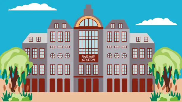Vector illustration of Illustration of a railway station building in a flat style. Urban infographics.