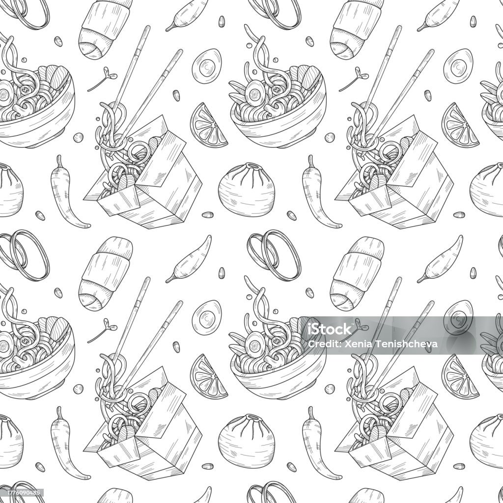 Pattern With Asian Dishes In Graphic Style Stock Illustration chicken-main-dishes-veggie-dishes-chicken-dinner-recipes-food-dishes