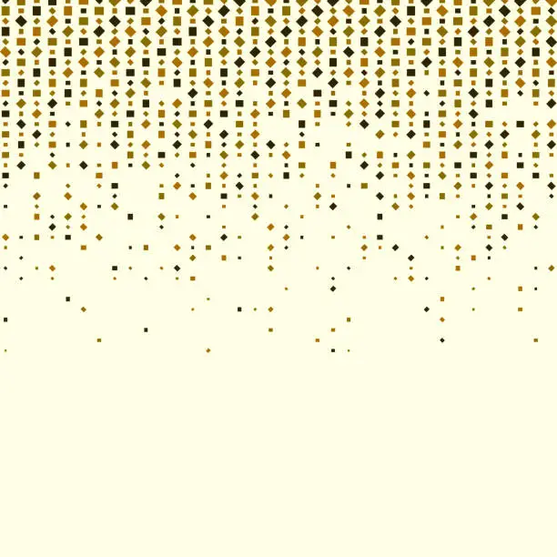 Vector illustration of A gradient of golden diamond shapes dispersing into individual pixels on a cream-colored background, resembling a digital cascade.