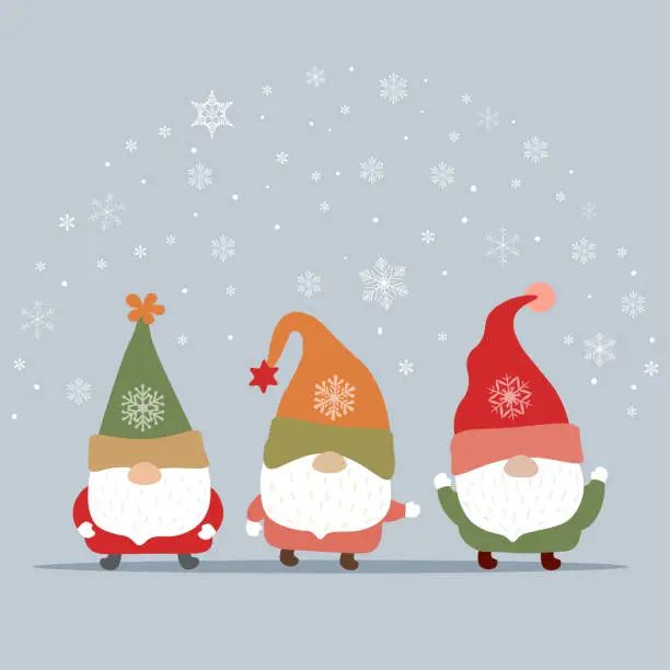 Vector illustration of Three cute gnoms with snowflake background