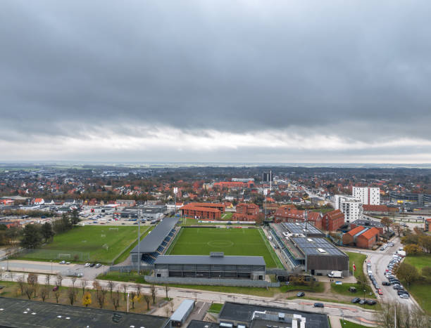 Hjørring Stadion aerial view Aerial autumn view of Hjørring Stadion (Nord Energi Arena), home stadium for danish football clubs Fortuna Hjørring and Vendsyssel FF. Hjørring, Denmark - November 2023 hjorring stock pictures, royalty-free photos & images