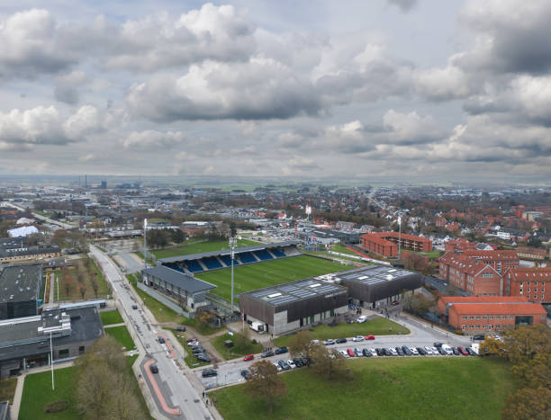 Hjørring Stadion aerial view Aerial autumn view of Hjørring Stadion (Nord Energi Arena), home stadium for danish football clubs Fortuna Hjørring and Vendsyssel FF. Hjørring, Denmark - November 2023 hjorring stock pictures, royalty-free photos & images