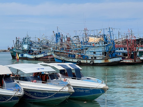 Fishing boats moored in Skerries harbor.