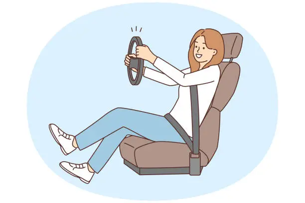 Vector illustration of Smiling woman with steering wheel learn driving
