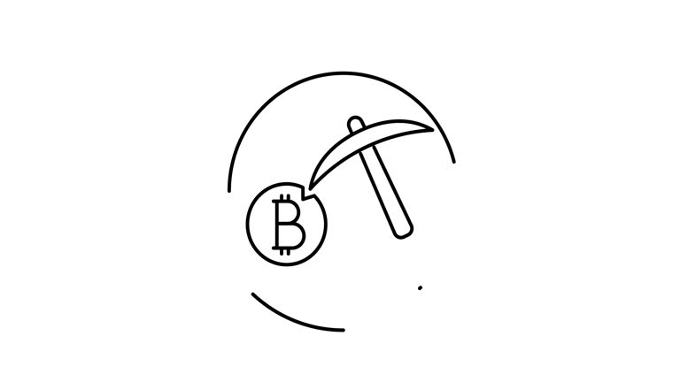 bitcoin mining animated outline icon on white background. bitcoin mining rotation appearance 4k video animation for web, mobile and ui design