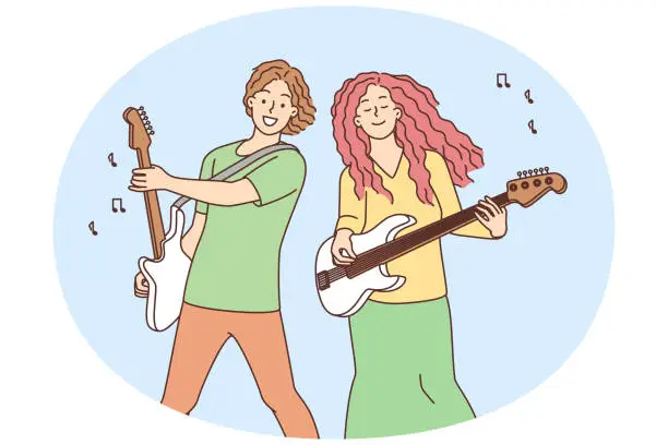 Vector illustration of Happy musicians playing on guitars