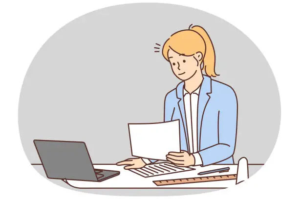 Vector illustration of Female architect work on computer in office