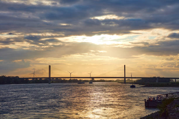 Impressive sunset on the Rhine near Kalkar in Germany.