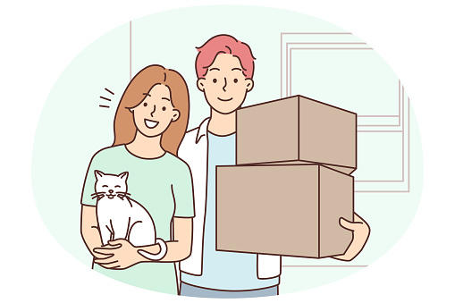 Happy young family with cat holding boxes moving to new apartment together. Smiling couple with pet relocate to own house. Relocation concept. Vector illustration.