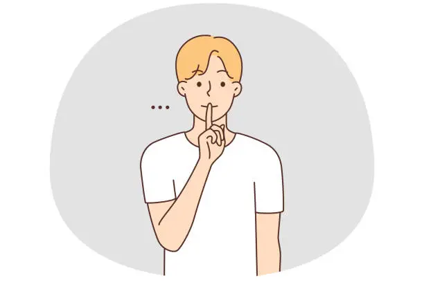 Vector illustration of Man holding finger at lips ask for silence