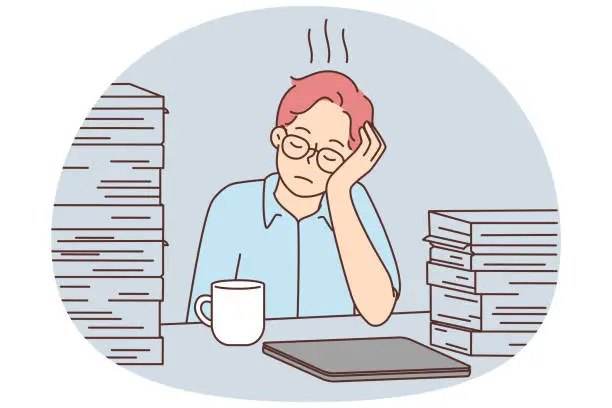 Vector illustration of Tired male employee sleep at working desk
