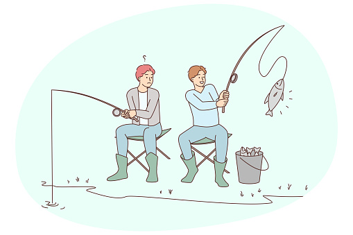 Men sitting on river bank fishing. Guy frustrated with friend fish catch. Fishermen hobby outdoors. Vector illustration.