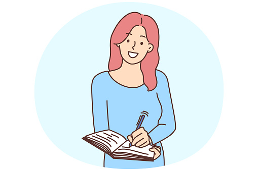 Smiling young woman take notes in notebook. Happy female writer or journalist writing in notepad. Making list or planning. Vector illustration.