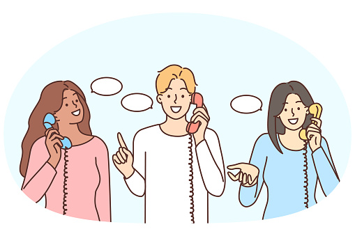 Smiling diverse multiracial people with speech bubbles talk on landline phones. Happy multiethnic men and women speak chat on corded telephones. Communication. Vector illustration.