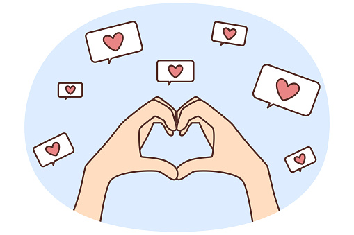 Closeup of person holding hands in heart symbol show appreciation and liking. Man or woman make love gesture demonstrate affection and care. Vector illustration.
